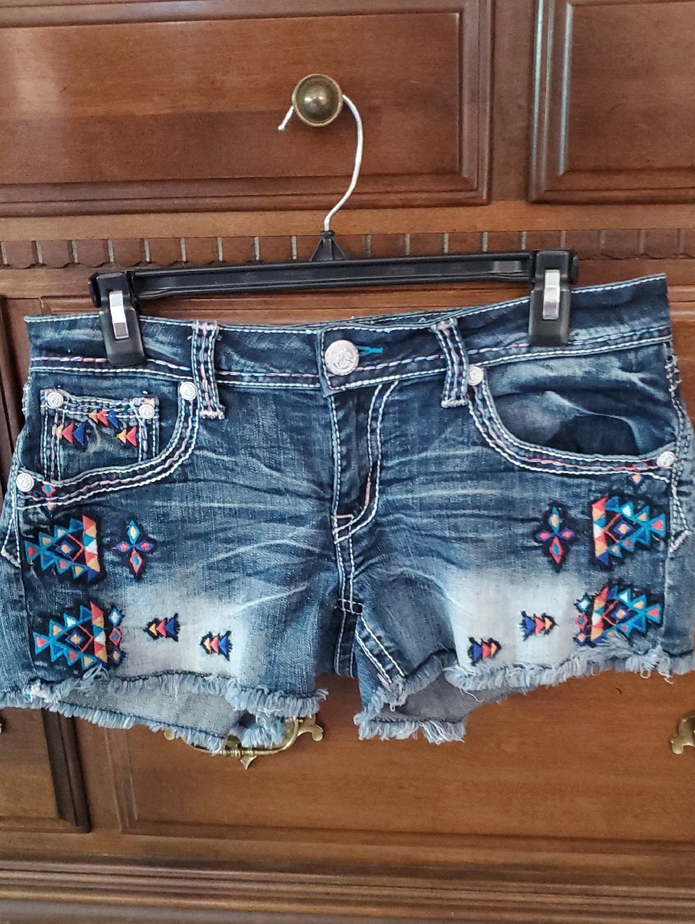 Grace In LA denim jean shorts with Aztec embroidery